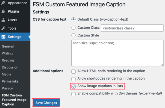 Impostazioni didascalia delle immagini in primo piano personalizzate FSM