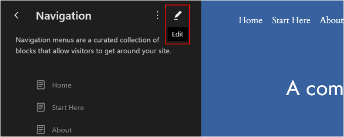 Clicking the Edit button to modify the navigation menu with Full Site Editor