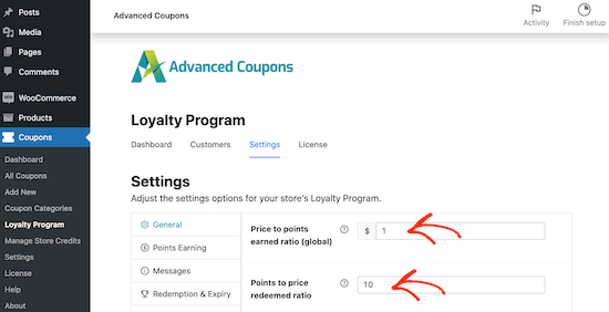 The Advanced Coupons loyalty program settings