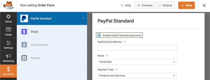 选中“启用 PayPal 标准付款”框
