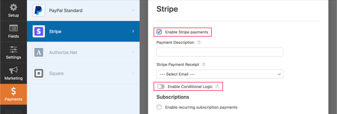 Check the ‘Enable Stripe Payments’ Box