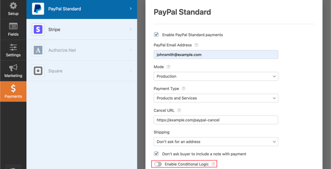 Toggle the Enable Conditional Logic Option