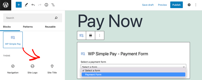 将 WP Simple Pay 块添加到帖子或页面