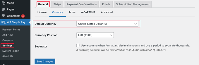 If Necessary, Change the Default Currency for WP Simple Pay