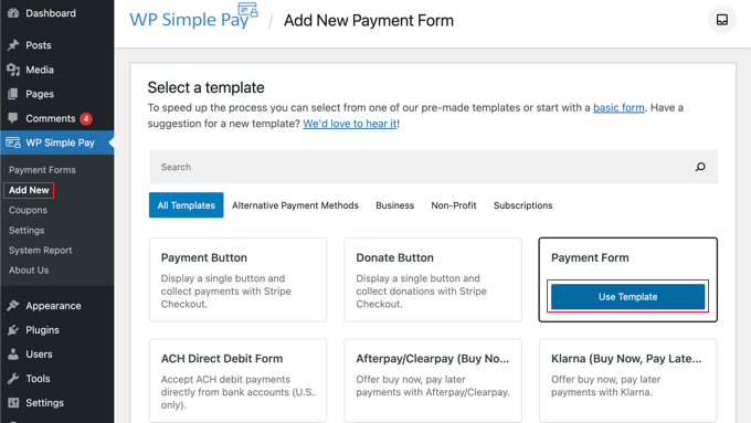 Select the Payment Form Template