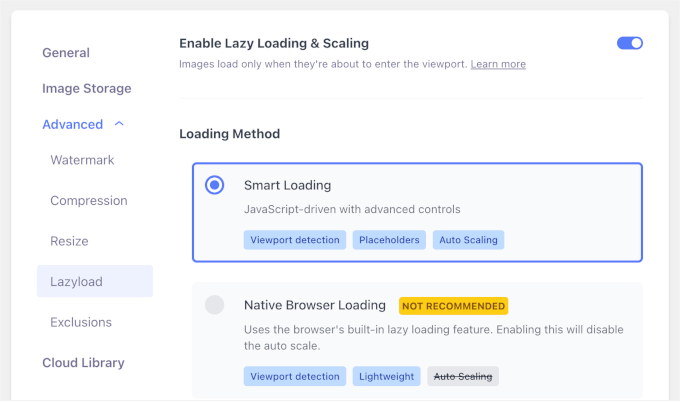 Optimole's lazy load configuration area
