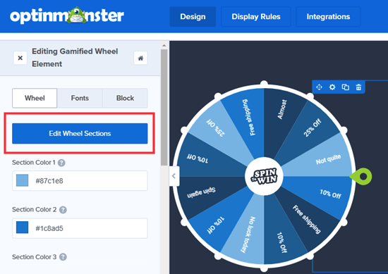 OptinMonster edit spin the wheel popup