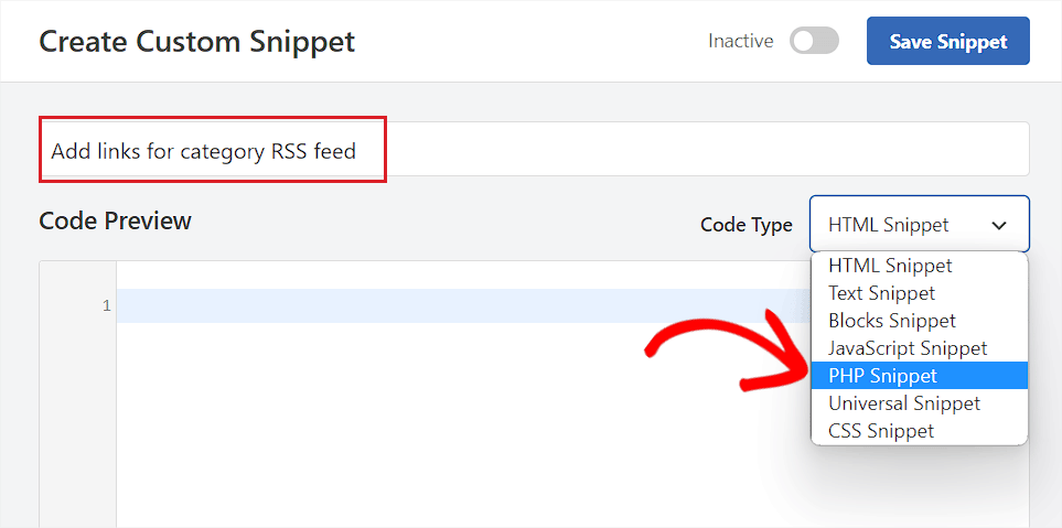 PHP Snippet را به عنوان نوع کد برای فید RSS دسته انتخاب کنید