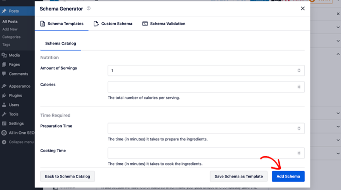 Additional fields to enter recipe schema information