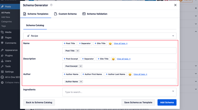 Enter schema details of your recipe