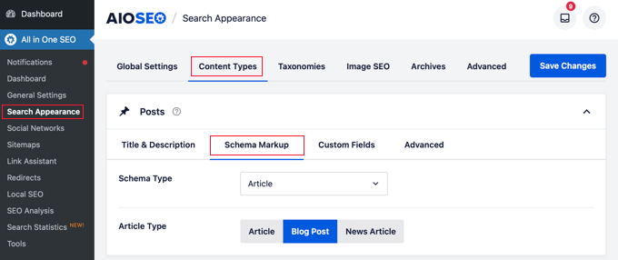 Schema markup in AIOSEO settings