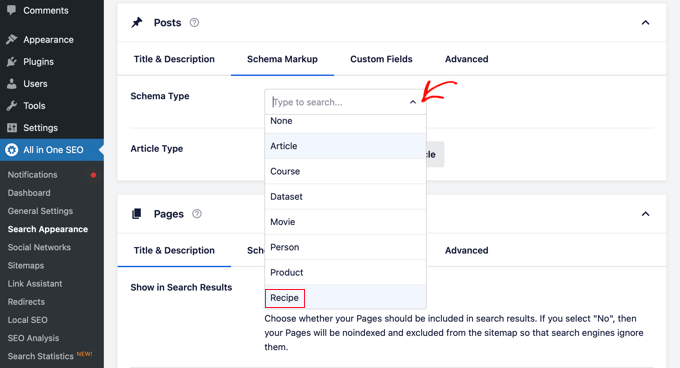 Choose recipe schema type