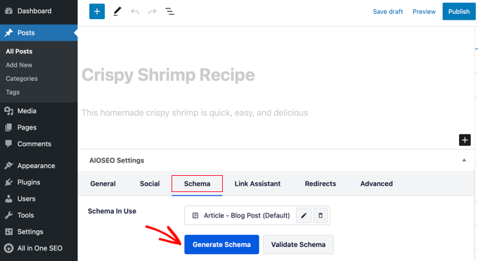 Click the Generate Schema button in AIOSEO