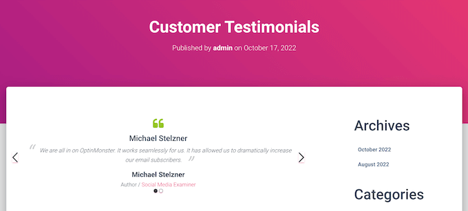 A rotating customer testimonial created using a free plugin