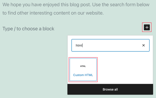 Inserisci un blocco HTML personalizzato
