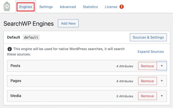 SearchWP default engine settings