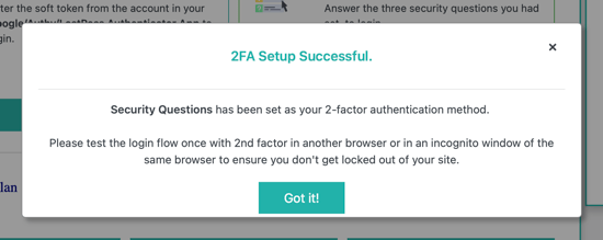 Security Questions Success Message