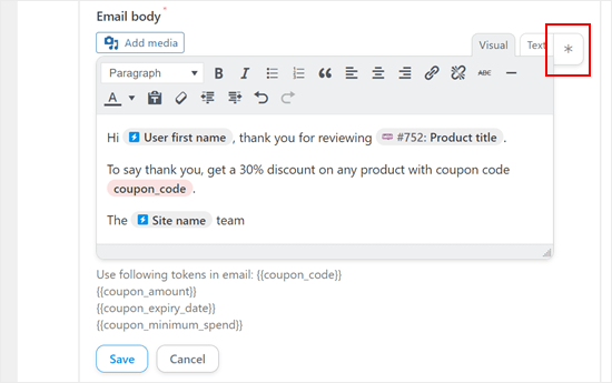 Clicking the asterisk button in Uncanny Automator for coupon code email