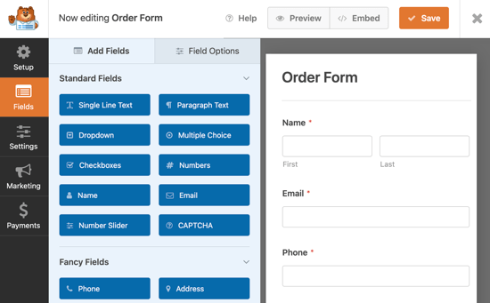 WPForms precaricherà il Form Builder con un semplice modulo d'ordine