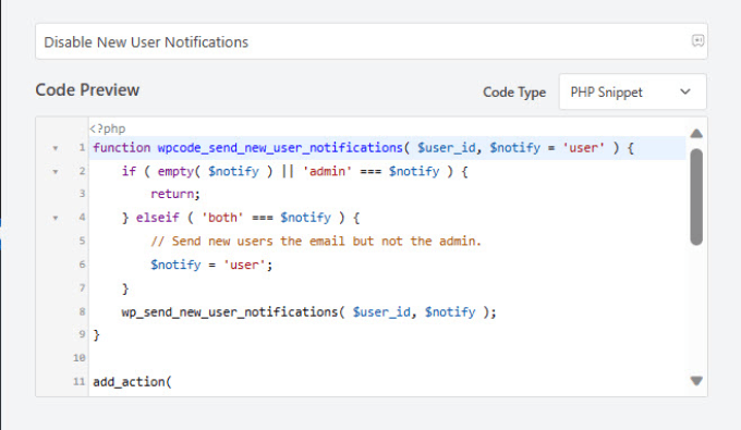 Disable new user notifications code snippet