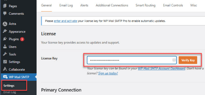 WP Mail SMTP verify key