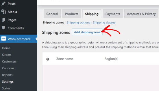 Add shipping zones in WooCommerce