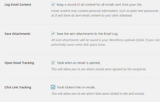 Additional Email Log Settings