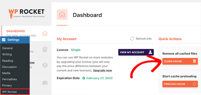 Clearing the WordPress Cache in WP Rocket