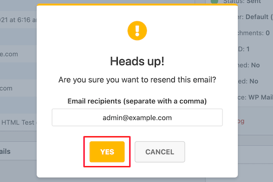 Click yes to resend email
