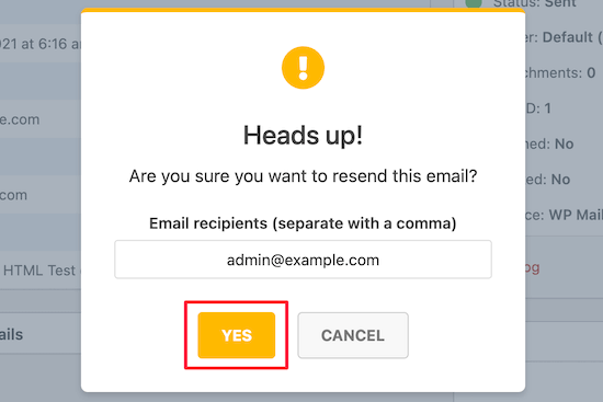 Click Yes Resend Popup