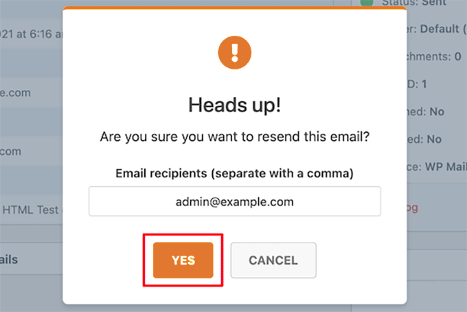Click yes to resend email