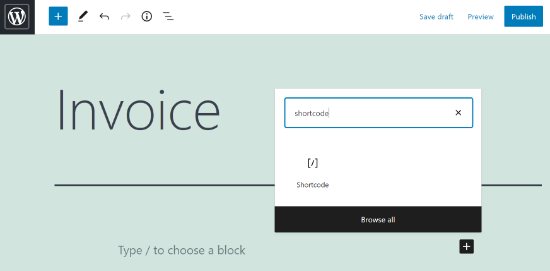 Create a new page and add shortcode block