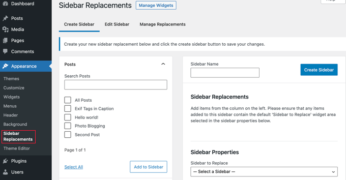 Visit the Appearance » Sidebar Replacements Page to Create Custom Sidebars