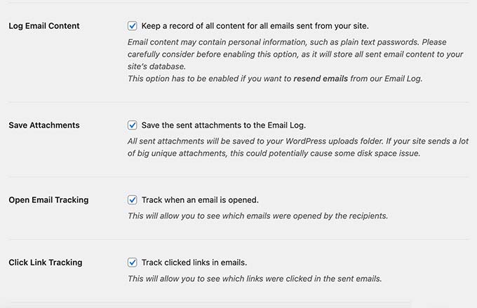 Additional email log settings