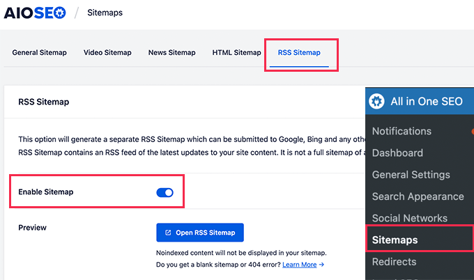 Enable RSS sitemap