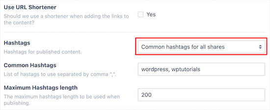 URL shortener and hashtags settings