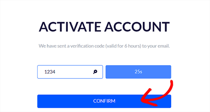 Enter verification code for account activation