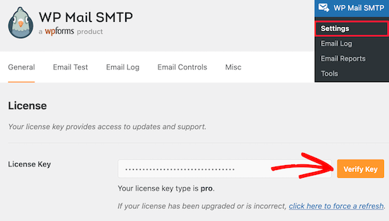 Inserisci la chiave di licenza di WP Mail SMTP