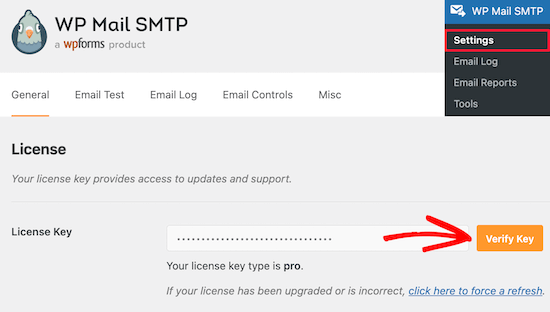 Enter WP Mail SMTP license key