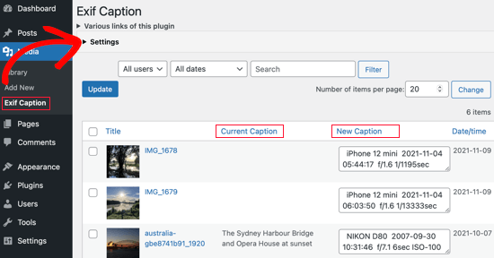 Navigate to Media » Exif Caption