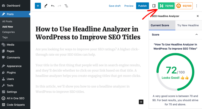 WebHostingExhibit headlineanalyzerbutton How to Use Headline Analyzer in WordPress to Improve SEO Titles  