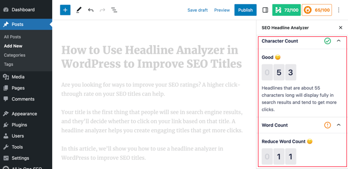 WebHostingExhibit headlineanalyzercharacterwordcount How to Use Headline Analyzer in WordPress to Improve SEO Titles  