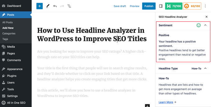 WebHostingExhibit headlineanalyzersentiment How to Use Headline Analyzer in WordPress to Improve SEO Titles  