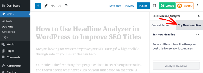 WebHostingExhibit headlineanalyzertrynewheadline How to Use Headline Analyzer in WordPress to Improve SEO Titles  