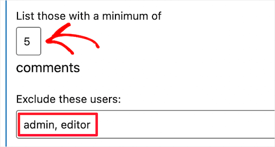 Set comment minimum and exclude users