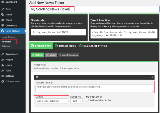 Navigate to News Tickers » Add New