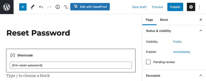 Create a New Reset Password Page and Enter the Shortcode