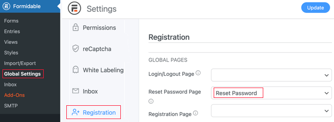 Formidable página de registro de formularios para configuraciones globales