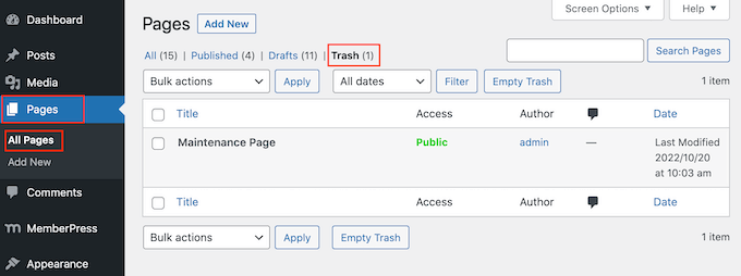 Restoring trashed pages in WordPress