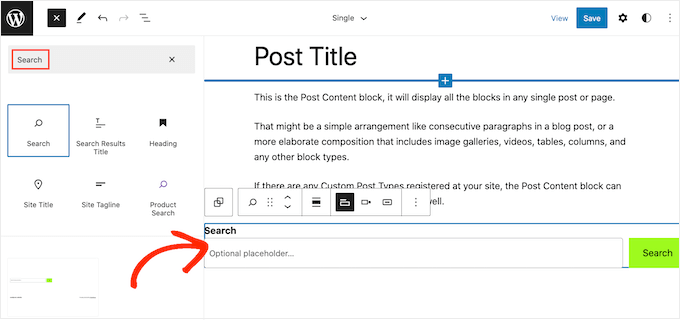 Adding a search block using the WordPress full-site editor